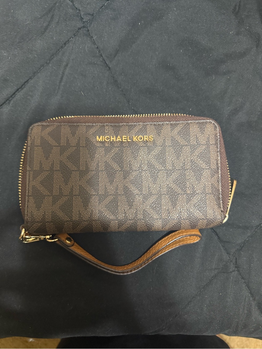 Michael Kors Brown Monogram Wristlet with Gold Hardware